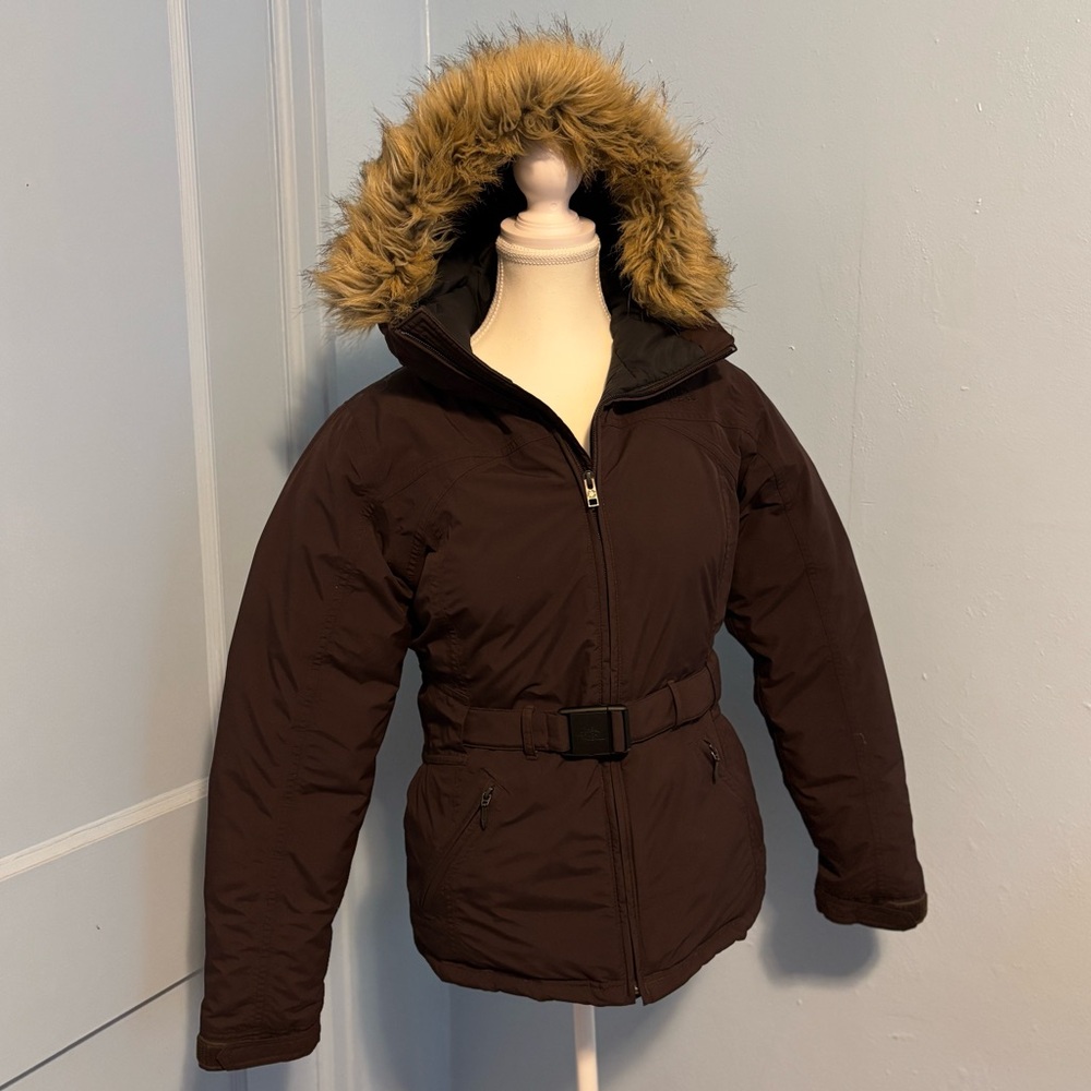 North Face Womens Small Brown Fur Goose Down Jacket Coat Winter Puffer Hood